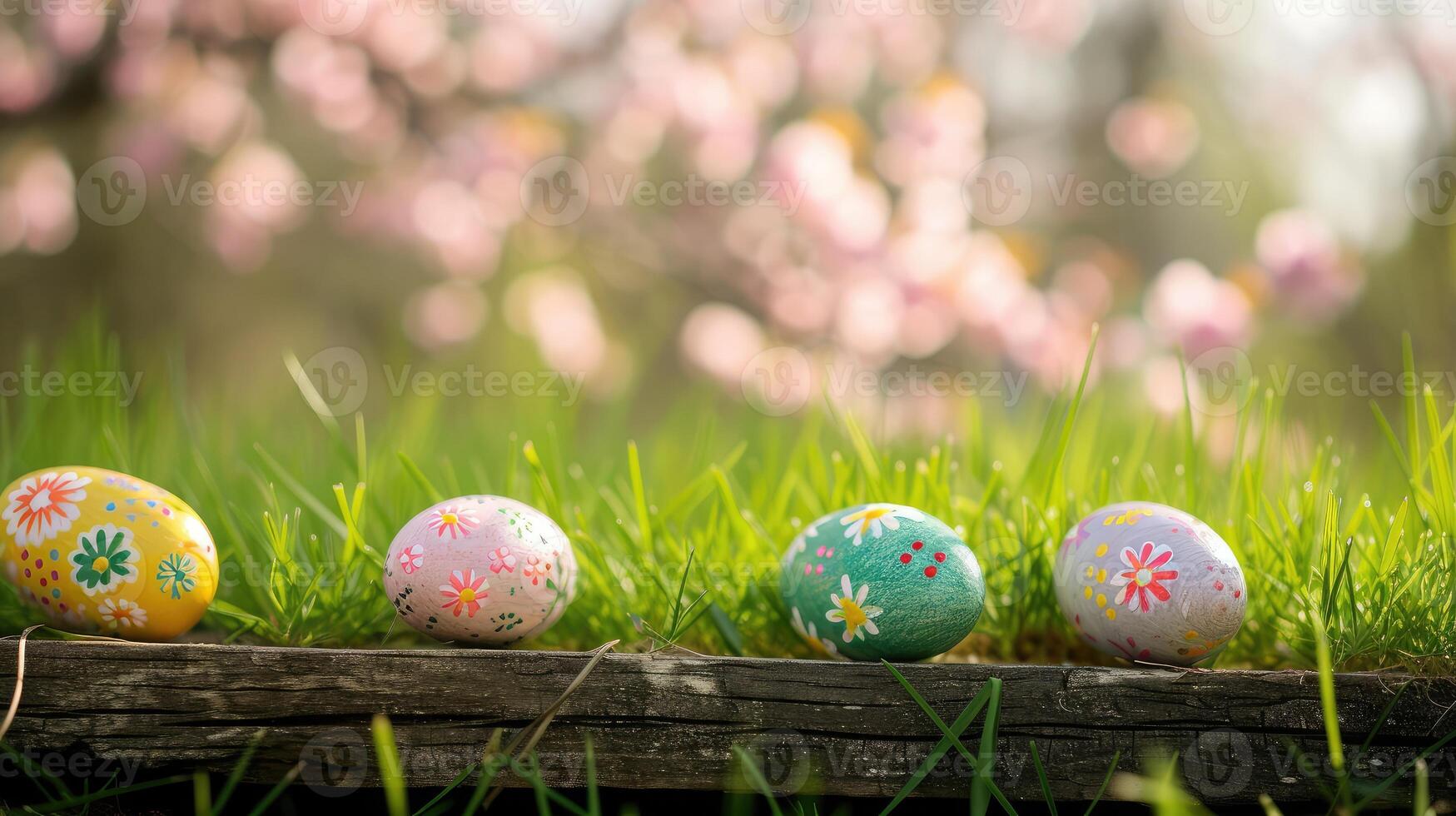 AI generated Top veiw. Painted easter eggs in the grass celebrating a Happy Easter in spring with a green grass meadow, cherry blossom and on rustic wooden bench to display photo