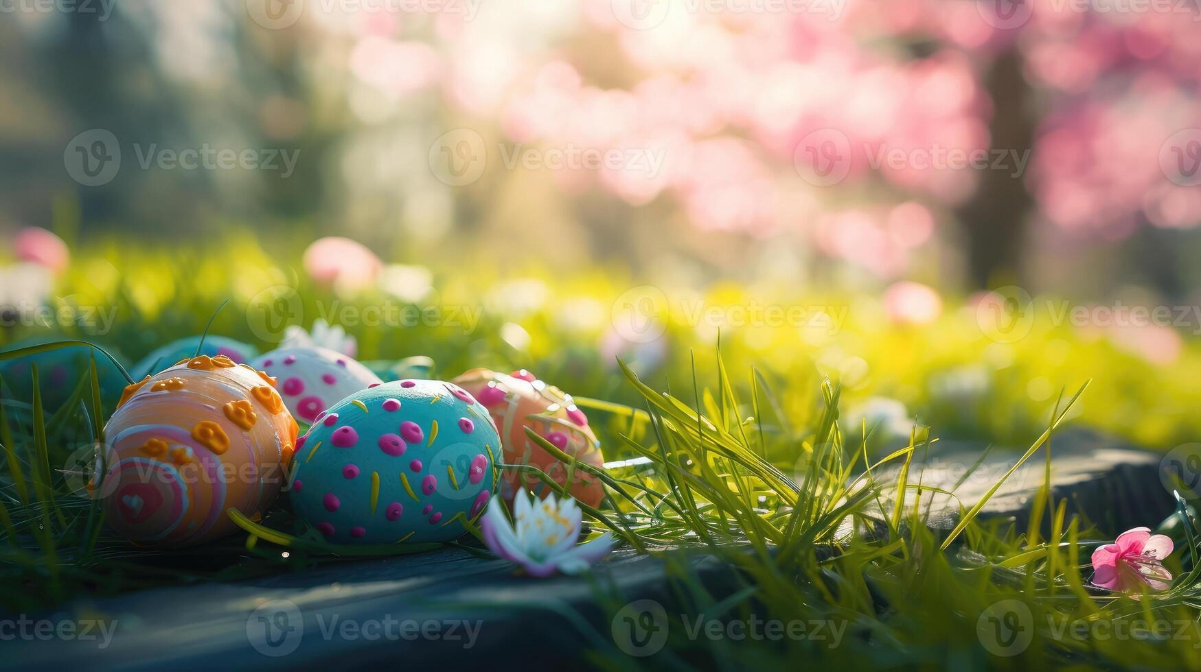 AI generated Top veiw. Painted easter eggs in the grass celebrating a Happy Easter in spring with a green grass meadow, cherry blossom and on rustic wooden bench to display photo