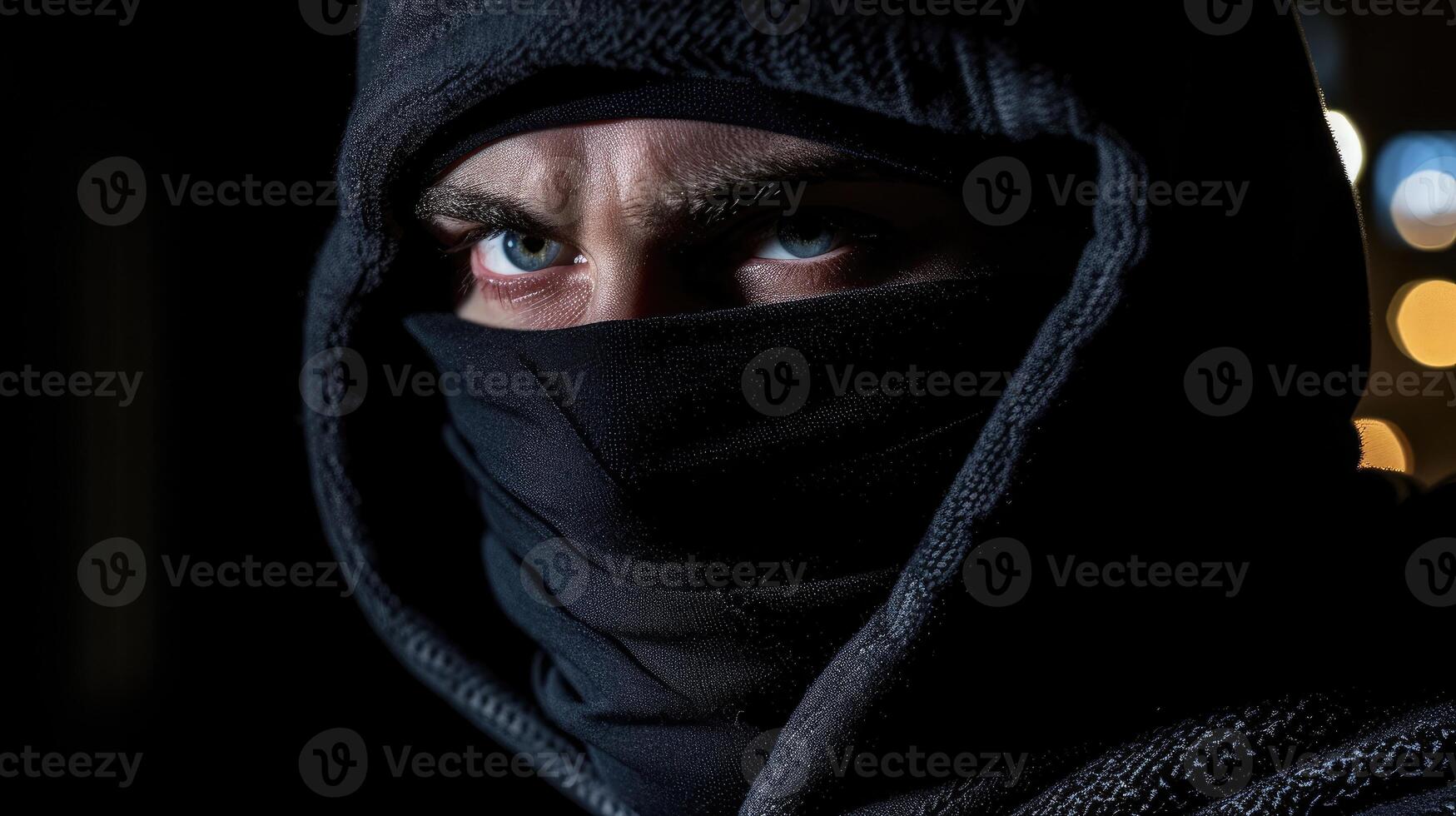 AI generated Criminal wearing black balaclava and hoodie in the dark photo