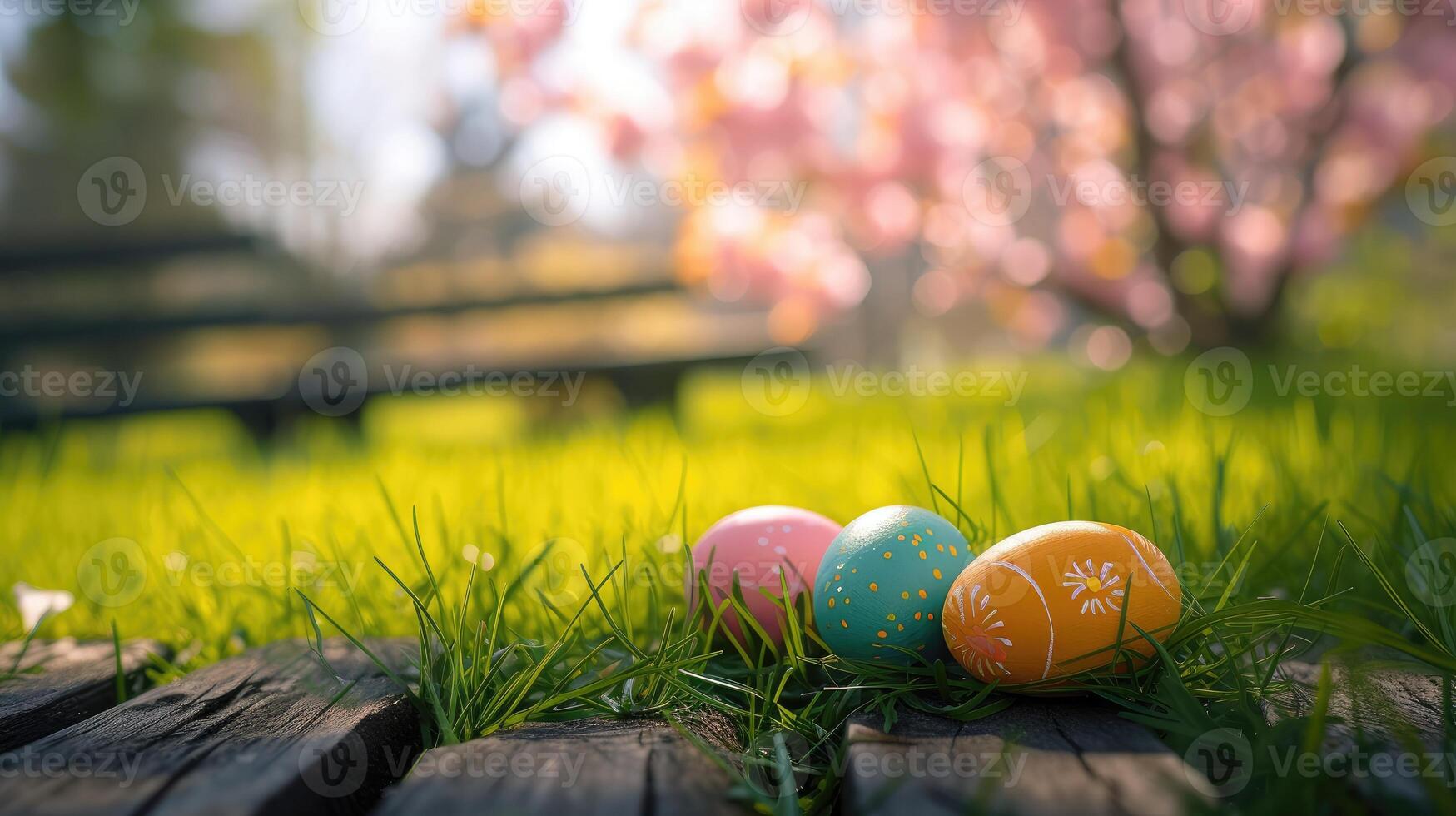 AI generated Top veiw. Painted easter eggs in the grass celebrating a Happy Easter in spring with a green grass meadow, cherry blossom and on rustic wooden bench to display photo