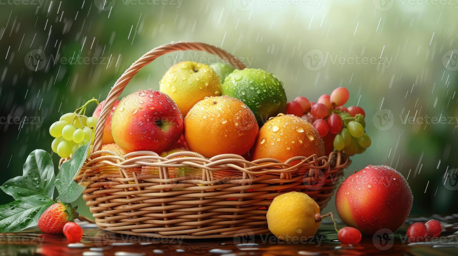 AI generated Basket with fresh fruits with water droplets, realistic feeling, very detailed, realistic brightness photo