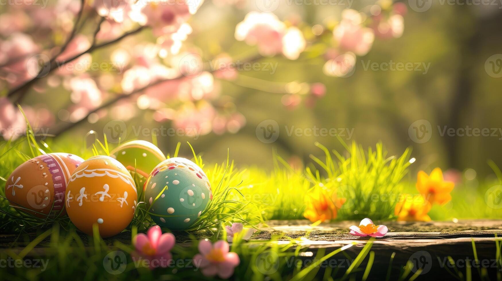 AI generated Top veiw. Painted easter eggs in the grass celebrating a Happy Easter in spring with a green grass meadow, cherry blossom and on rustic wooden bench to display photo