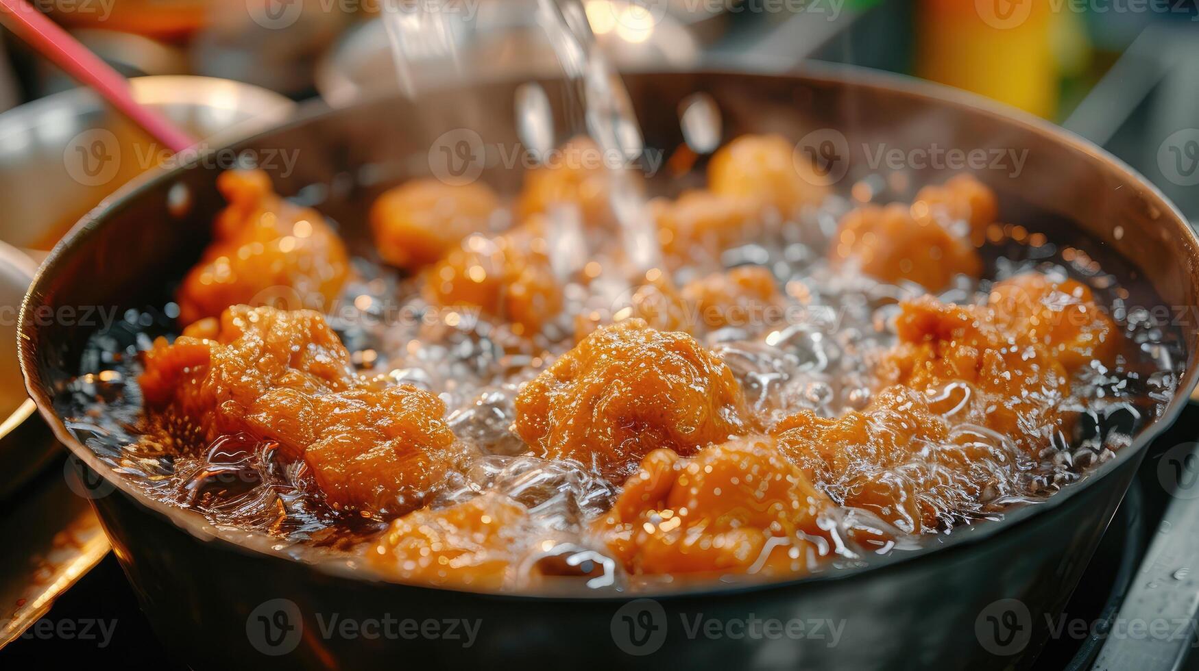 AI generated Fried chicken in the boiling oil. Unhealthy food, street food, chicken fried in the cooking oil. Golden color, home cooking delicious crispy fast food. photo