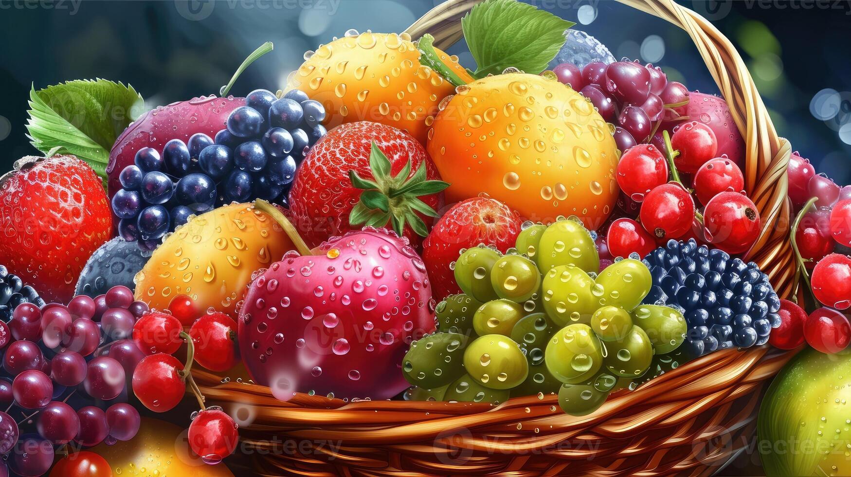AI generated Basket with fresh fruits with water droplets, realistic feeling, very detailed, realistic brightness photo
