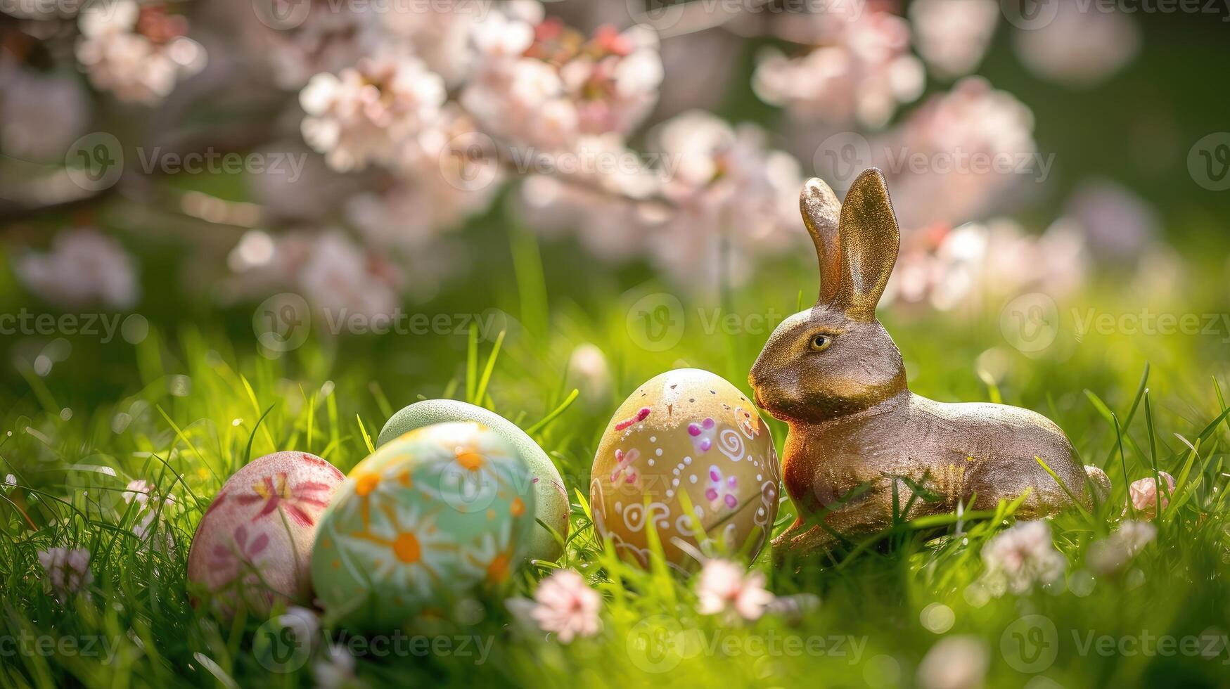 AI generated Top veiw. Painted easter eggs and golden rabbit in the grass celebrating a Happy Easter in spring with a green grass meadow, cherry blossom and on rustic wooden bench to display photo