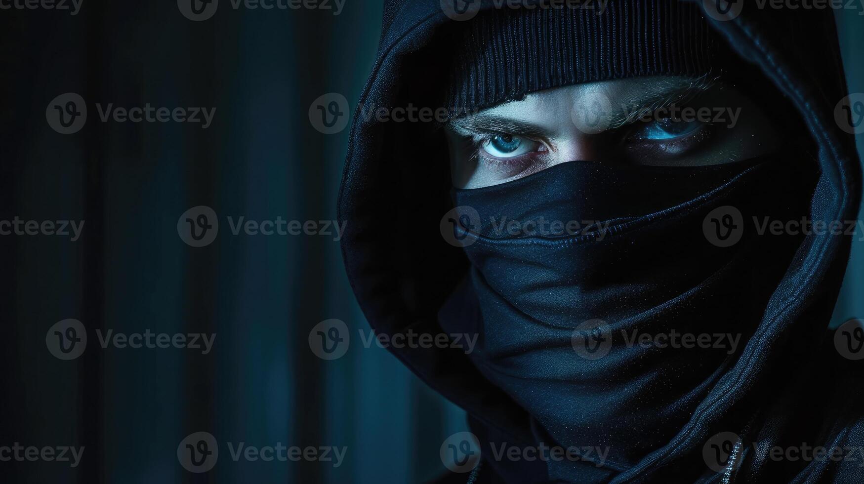 AI generated Criminal wearing black balaclava and hoodie in the dark photo