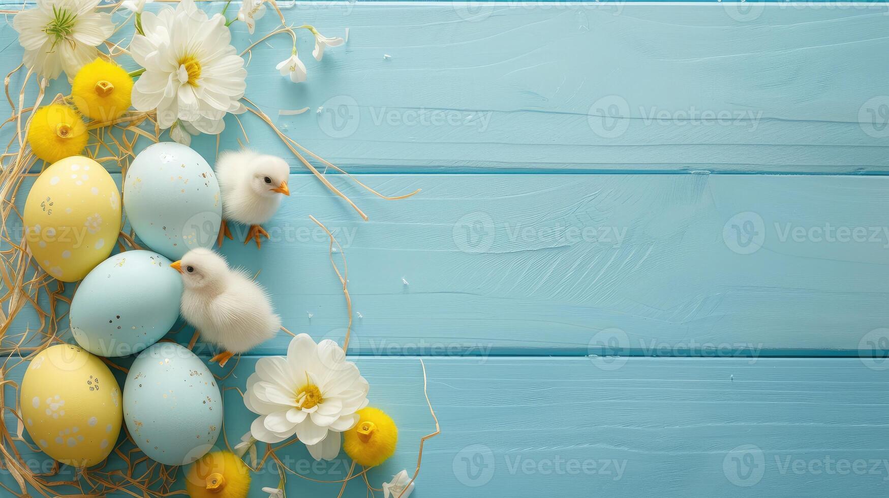 AI generated Banner. Blue, yellow, white eggs and yellow chicks on a blue wooden background. The minimal concept. An Easter card with a copy of the place for the text. photo
