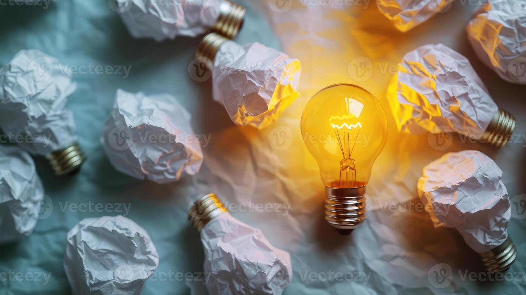 AI generated concept image of successful idea, crumpled paper and light bulb sketch, brainstorming and creative thinking. photo