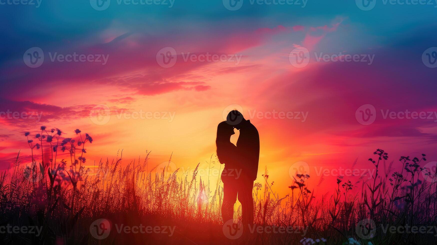 AI generated silhouette Romantic couple lovers hug and kiss at colorful sunset on background love concept photo