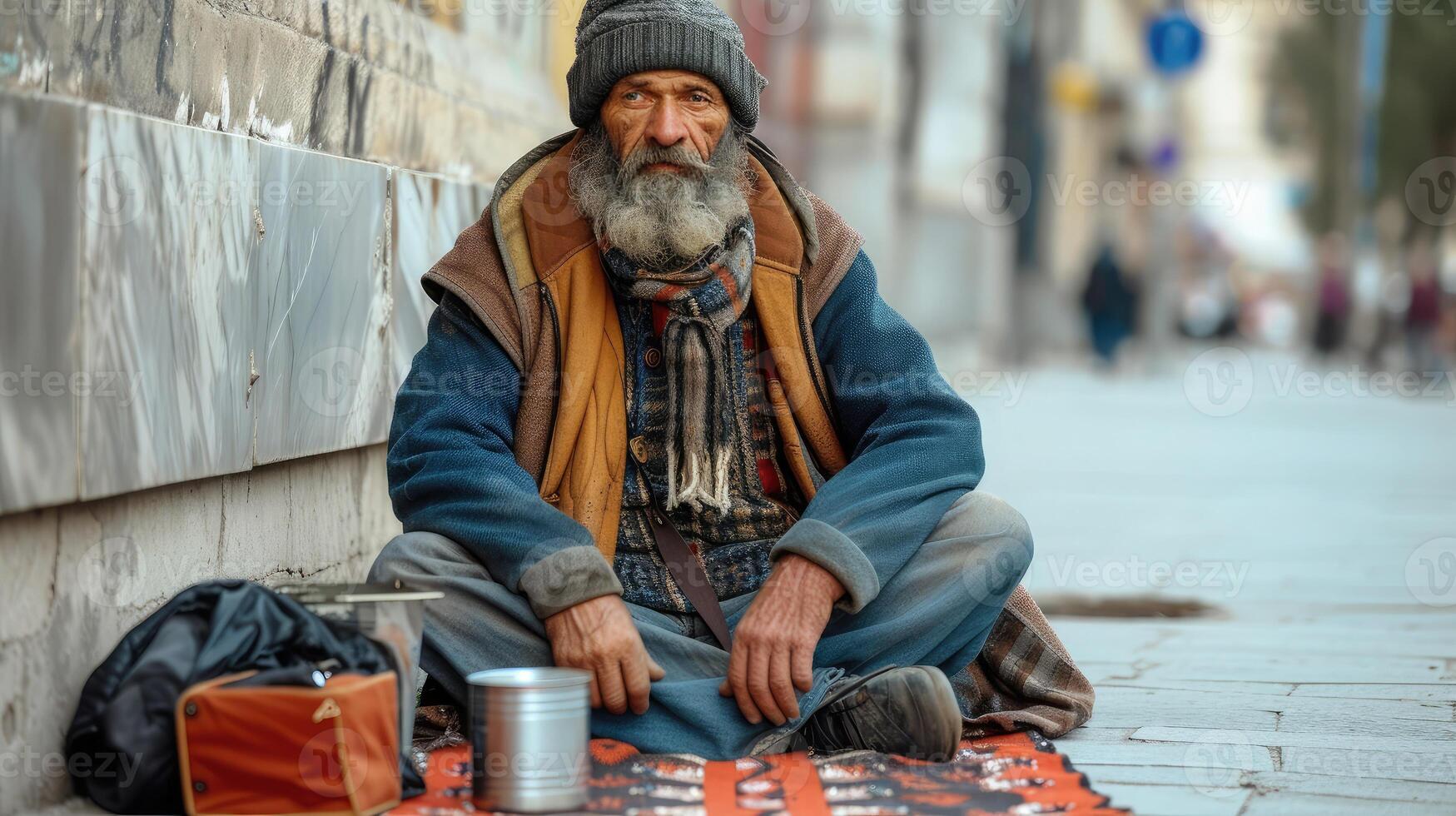 ai generado mendigo se sienta en el calle y pregunta para dinero foto