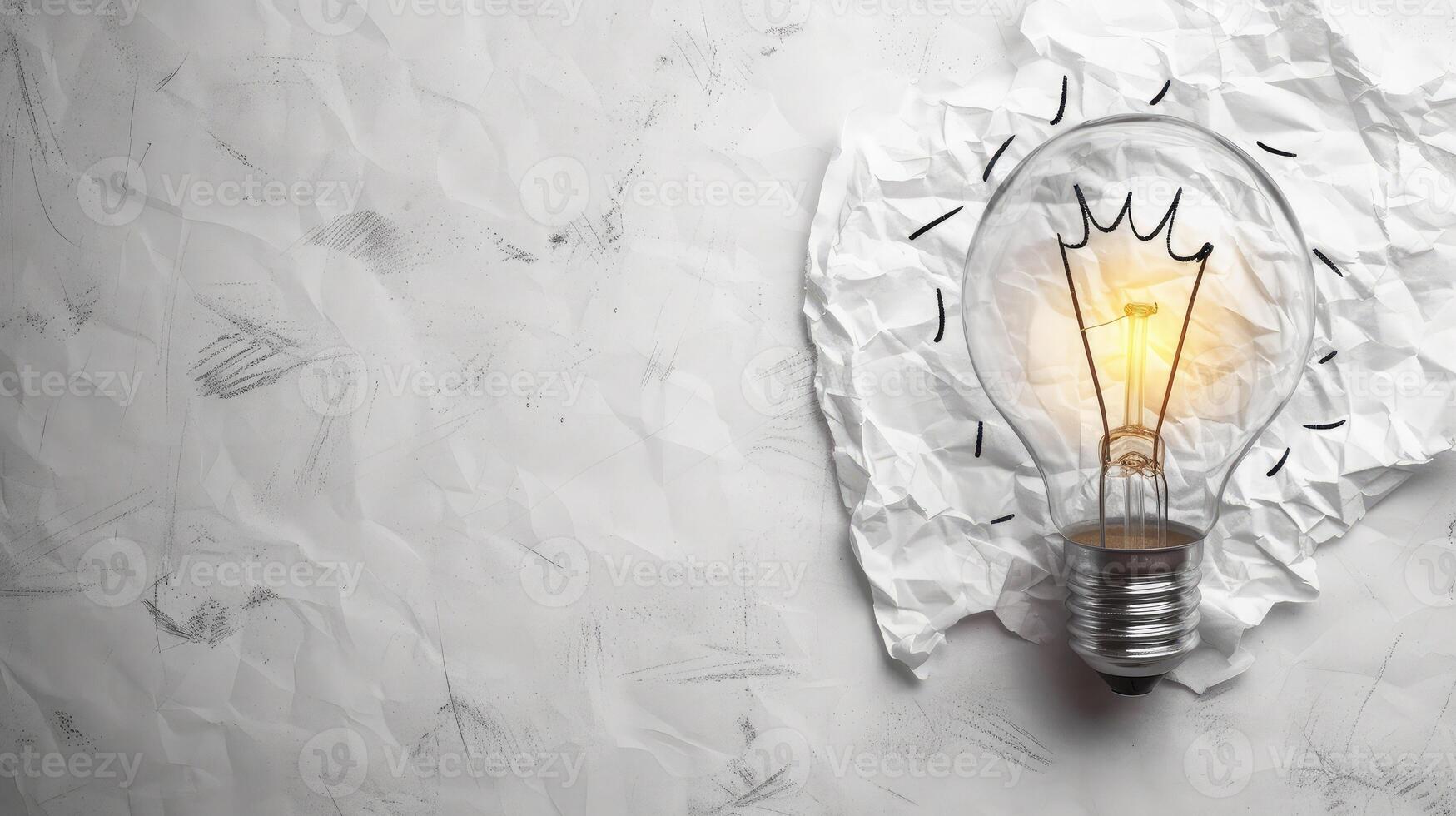 AI generated Spherical wrinkled paper and hand drawn black line light bulb idea and have copy space. photo