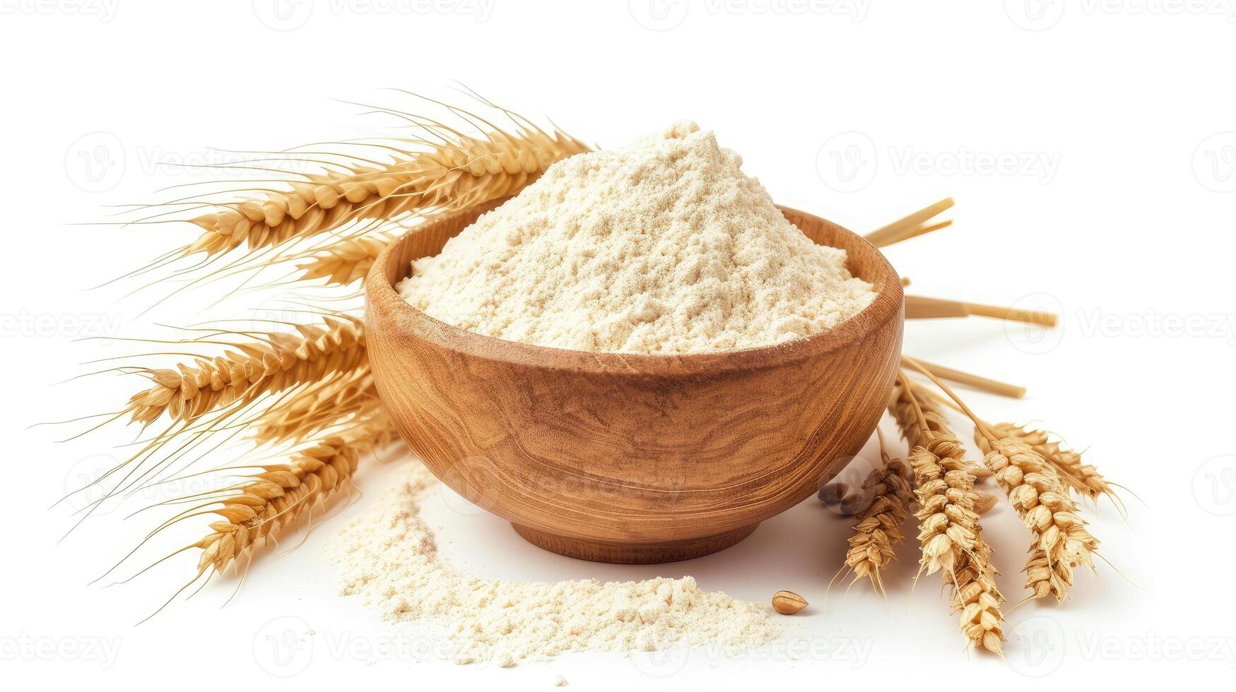 AI generated Wheat flour in bowl and spikelets isolated on white photo