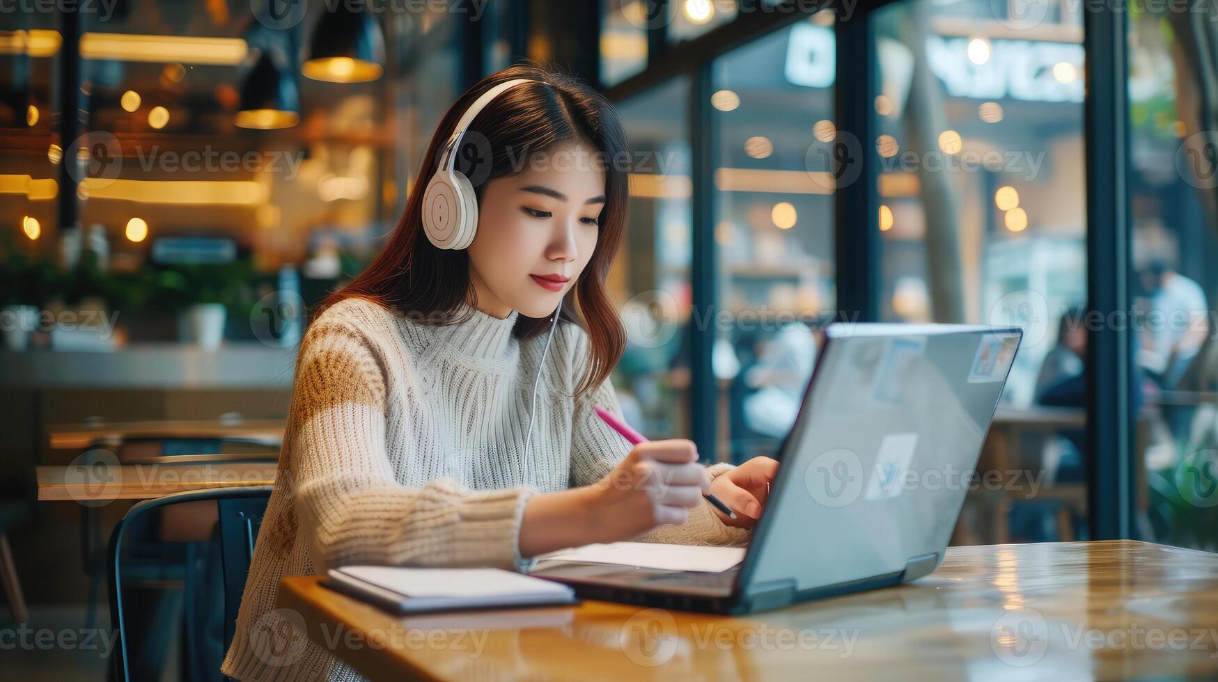 AI generated Asian female student or office worker studying online using headphones and laptop taking notes in notebook sitting at coffee shop table relaxing photo