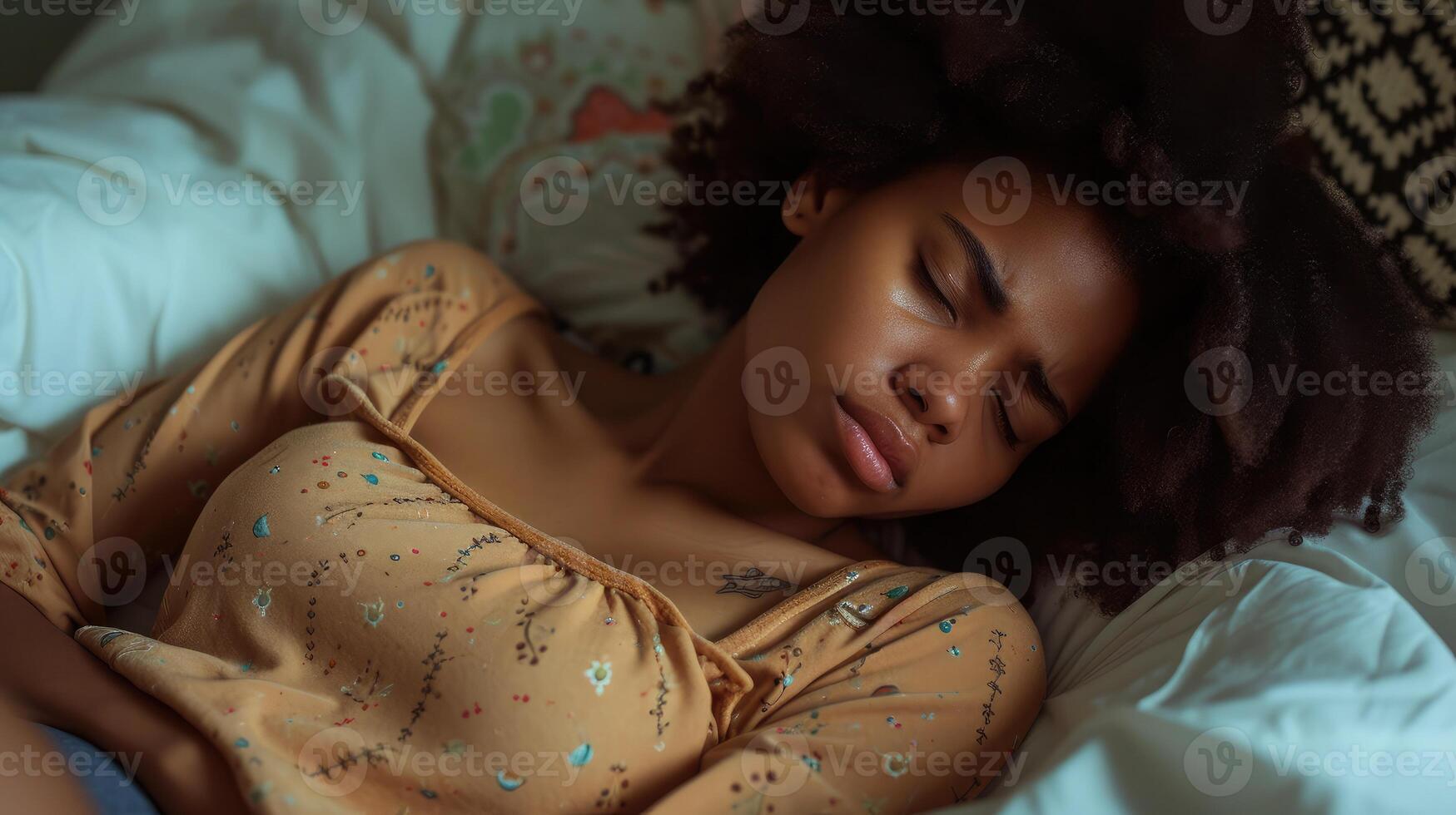 AI generated Sad young African American woman wearing casual clothes suffering from menstrual pain, feeling sick to her stomach, holding belly photo