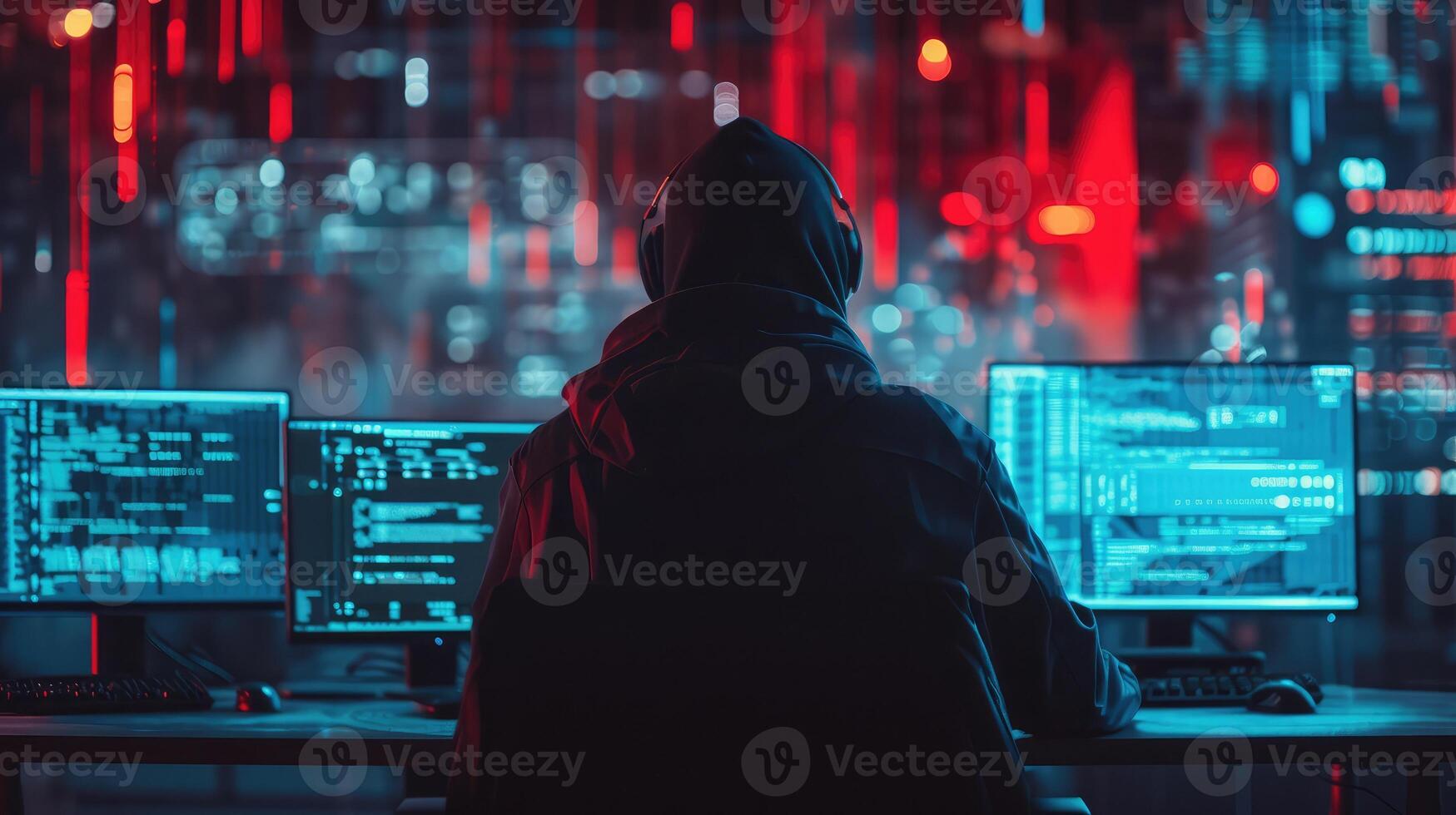AI generated hacker at work with graphic user interface around photo