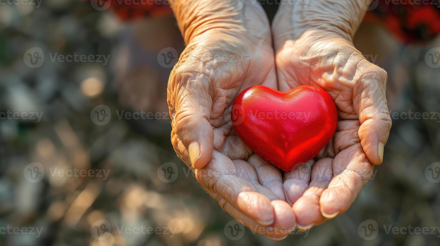 AI generated Elderly senior person or grandparent's hands with red heart in support of nursing family caregiver for national hospice palliative care and family caregivers month concept photo