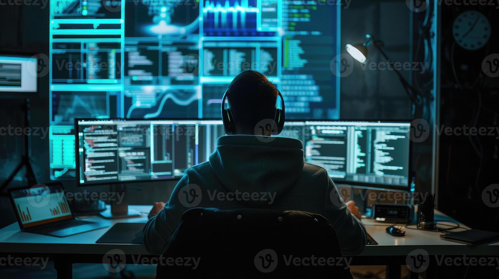 AI generated hacker at work with graphic user interface around photo