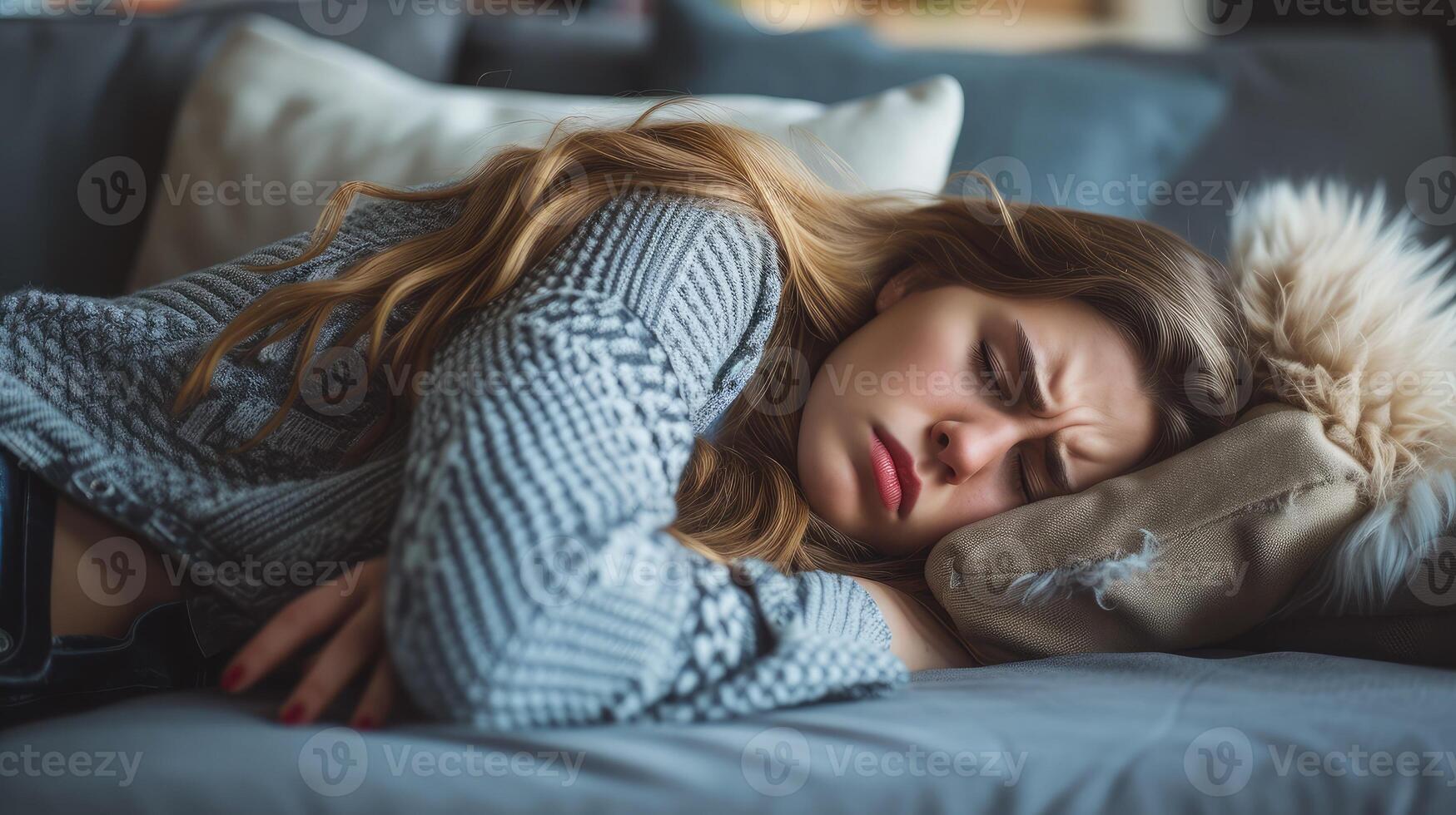 AI generated Young woman in pain lying on couch at home, casual style indoor shoot photo