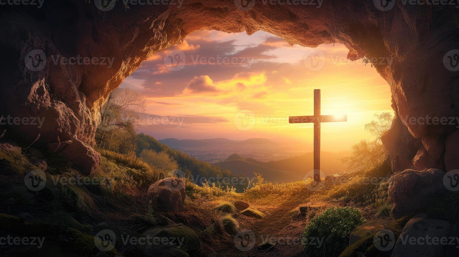 AI generated Sunset view of a wooden cross from a cave. photo