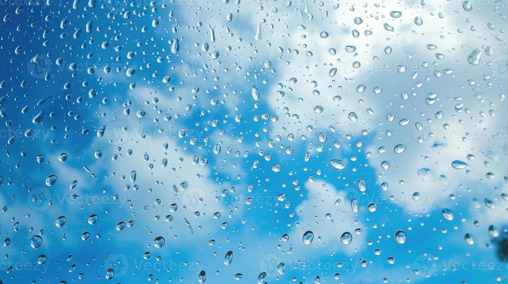 AI generated Rain drops on the glass. Beautiful blue and white sky. Sky background photo