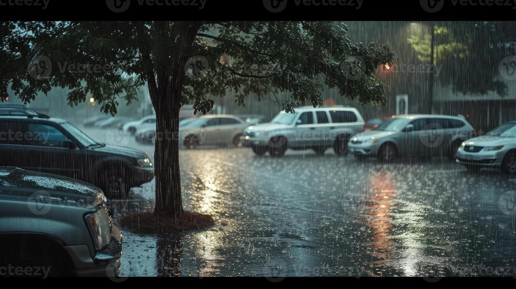 AI generated heavy rain and tree in the parking lots photo