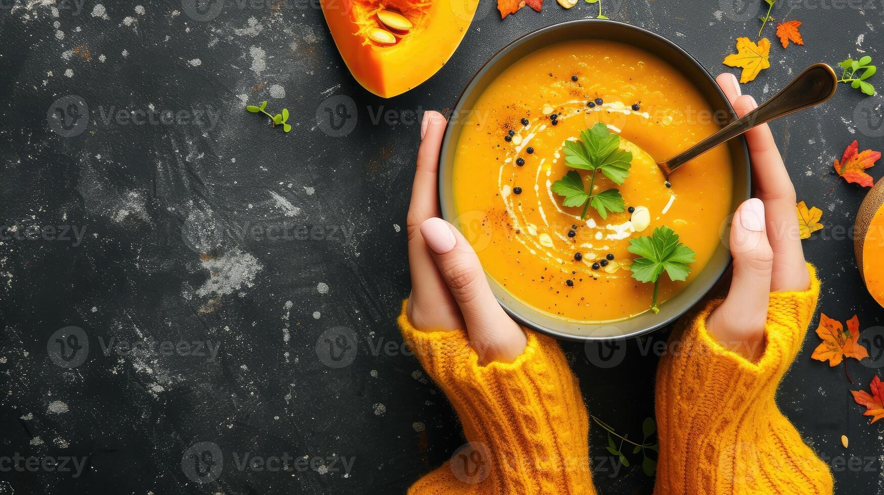 AI generated Female hands in yellow knitted sweater holding a bowl with pumpkin cream soup on dark stone background with spoon decorated with cut fresh pumpkin, top view. Autumn cozy dinner concept photo