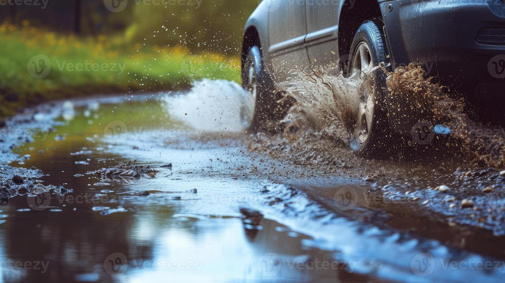 AI generated Car driving through the puddle and splashing by water. photo