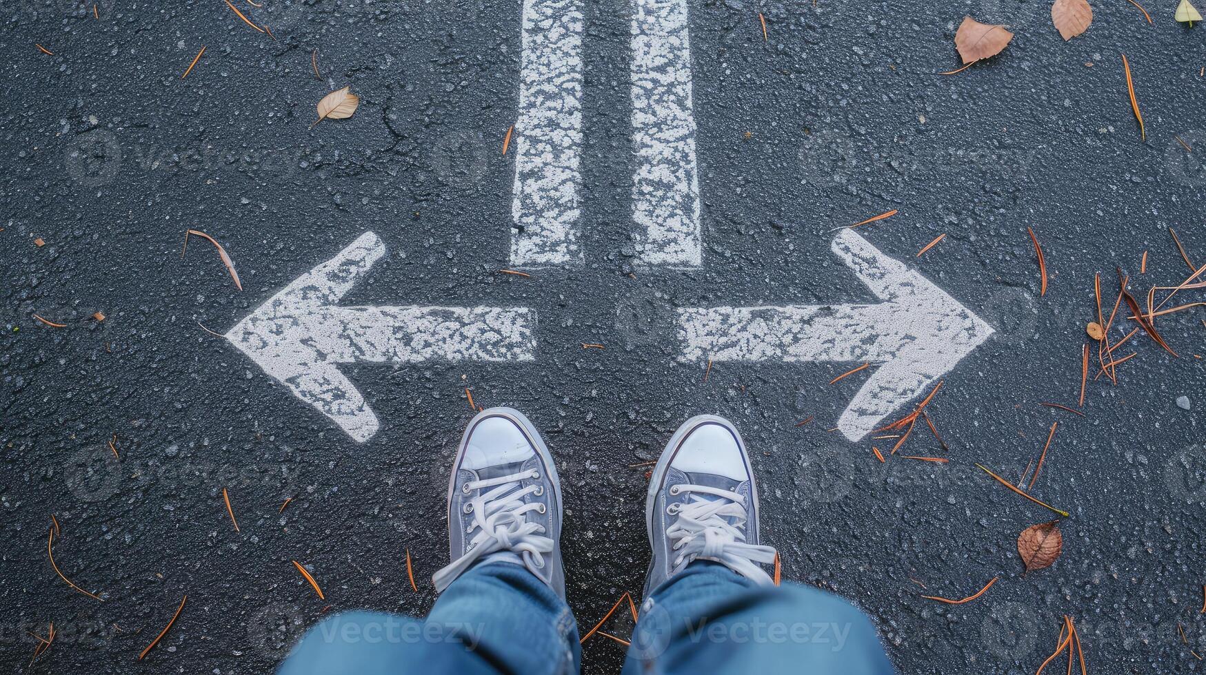 AI generated man legs in sneakers standing on road with three direction arrow choices, left, right or move forward photo