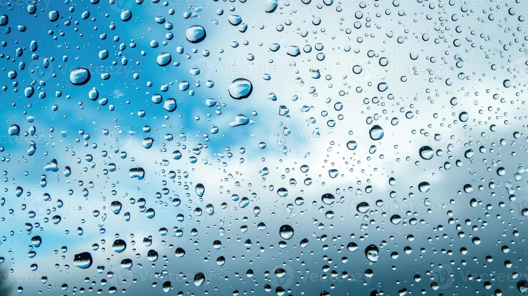 AI generated Rain drops on the glass. Beautiful blue and white sky. Sky background photo