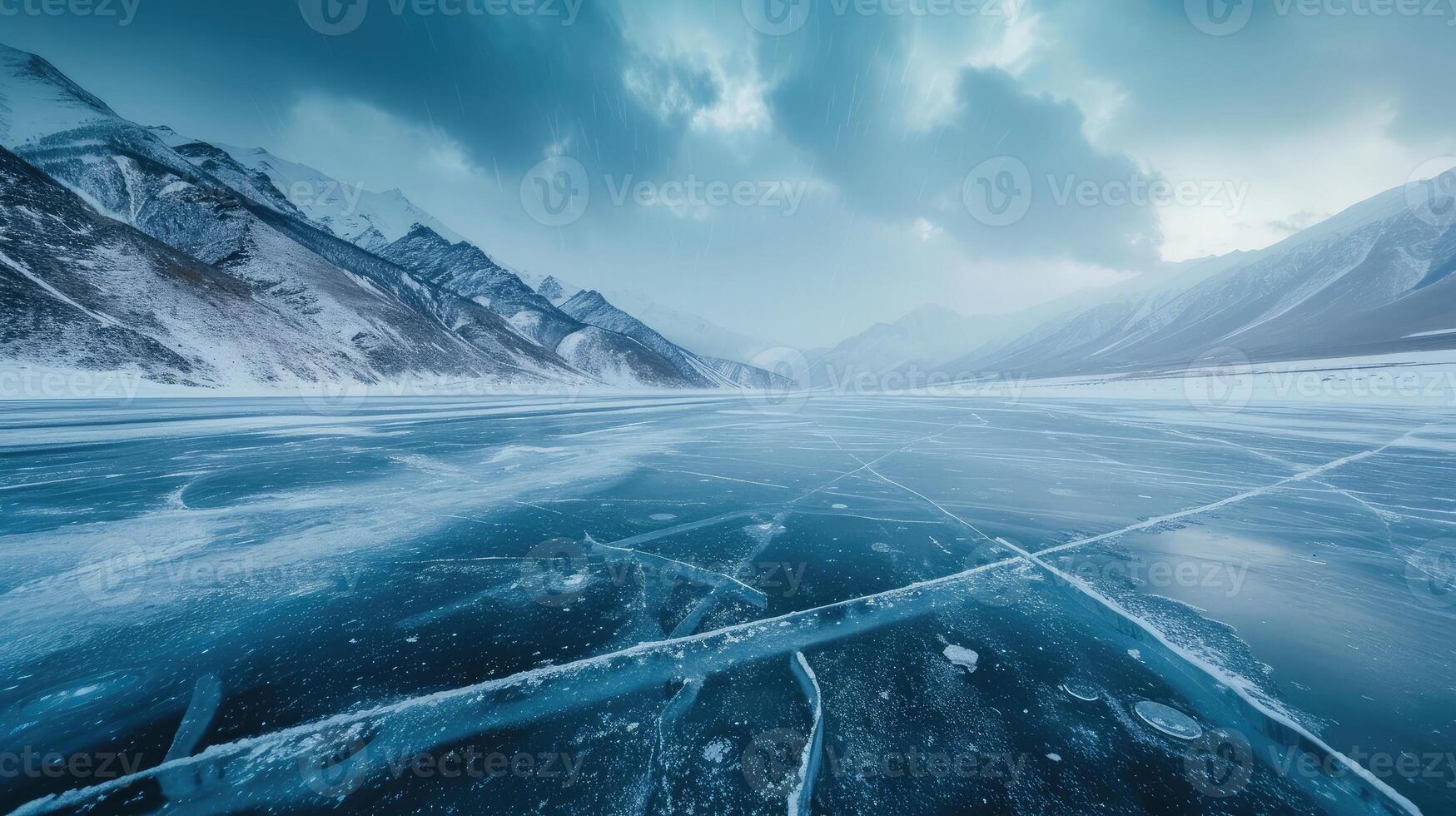 AI generated Cracks on the surface of the blue ice. Frozen lake in winter mountains. It is snowing photo
