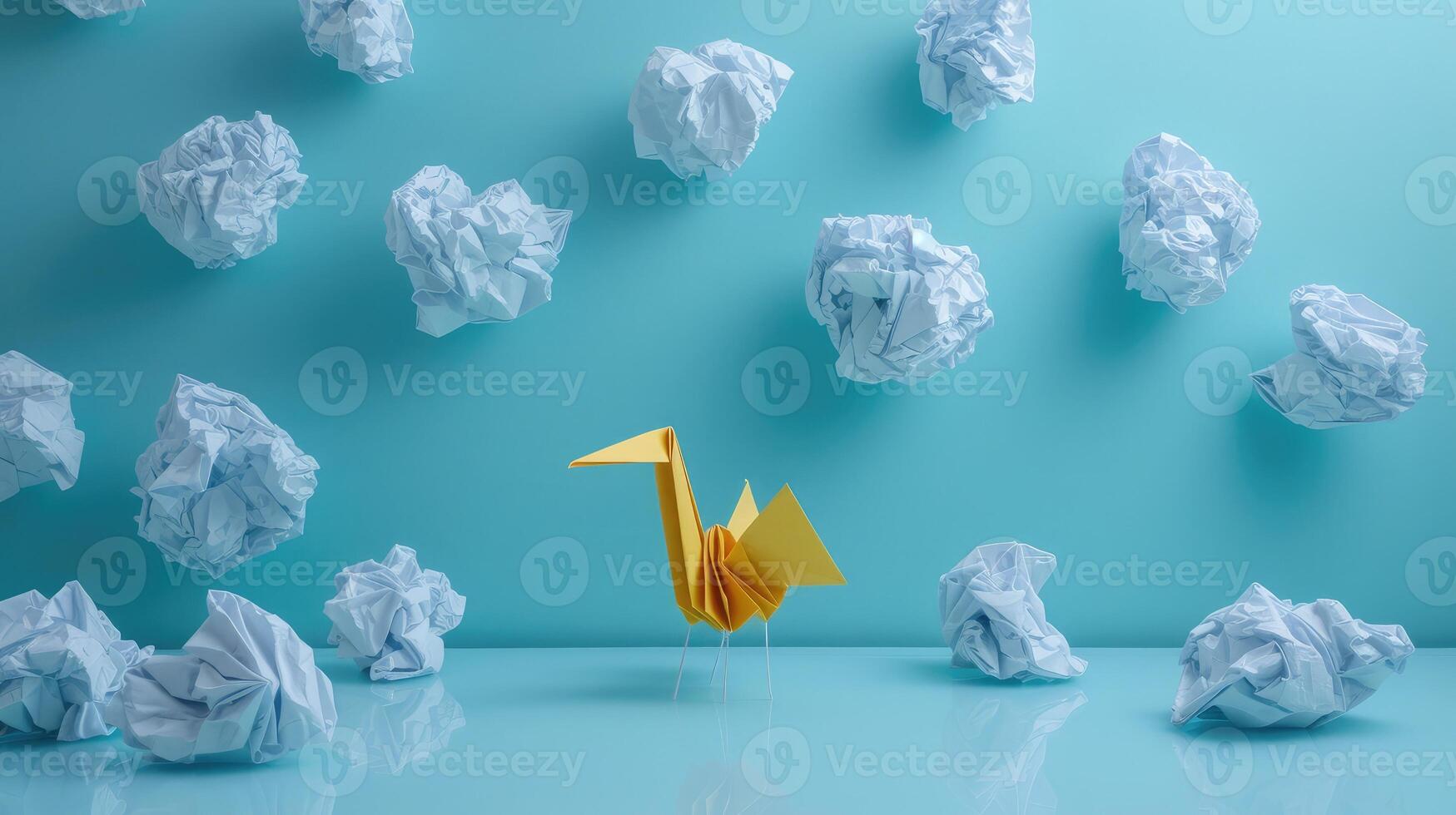 AI generated New ideas or transformation concept with crumpled paper balls and a crane, teamwork, creativity, business concept photo