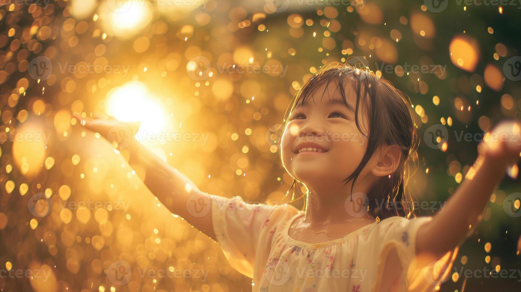 AI generated Happy asian little child girl having fun to play with the rain in the evening sunlight in vintage color tone photo
