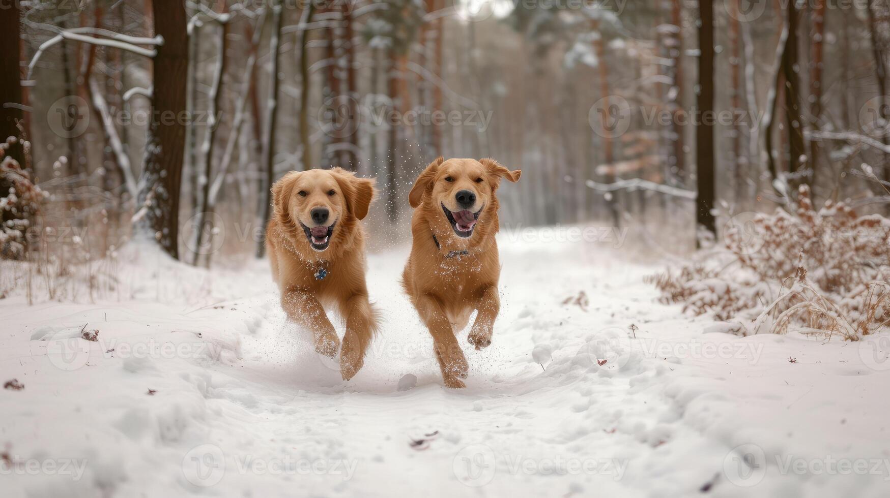 AI generated happy golden retriever dogs running in the winter forest photo