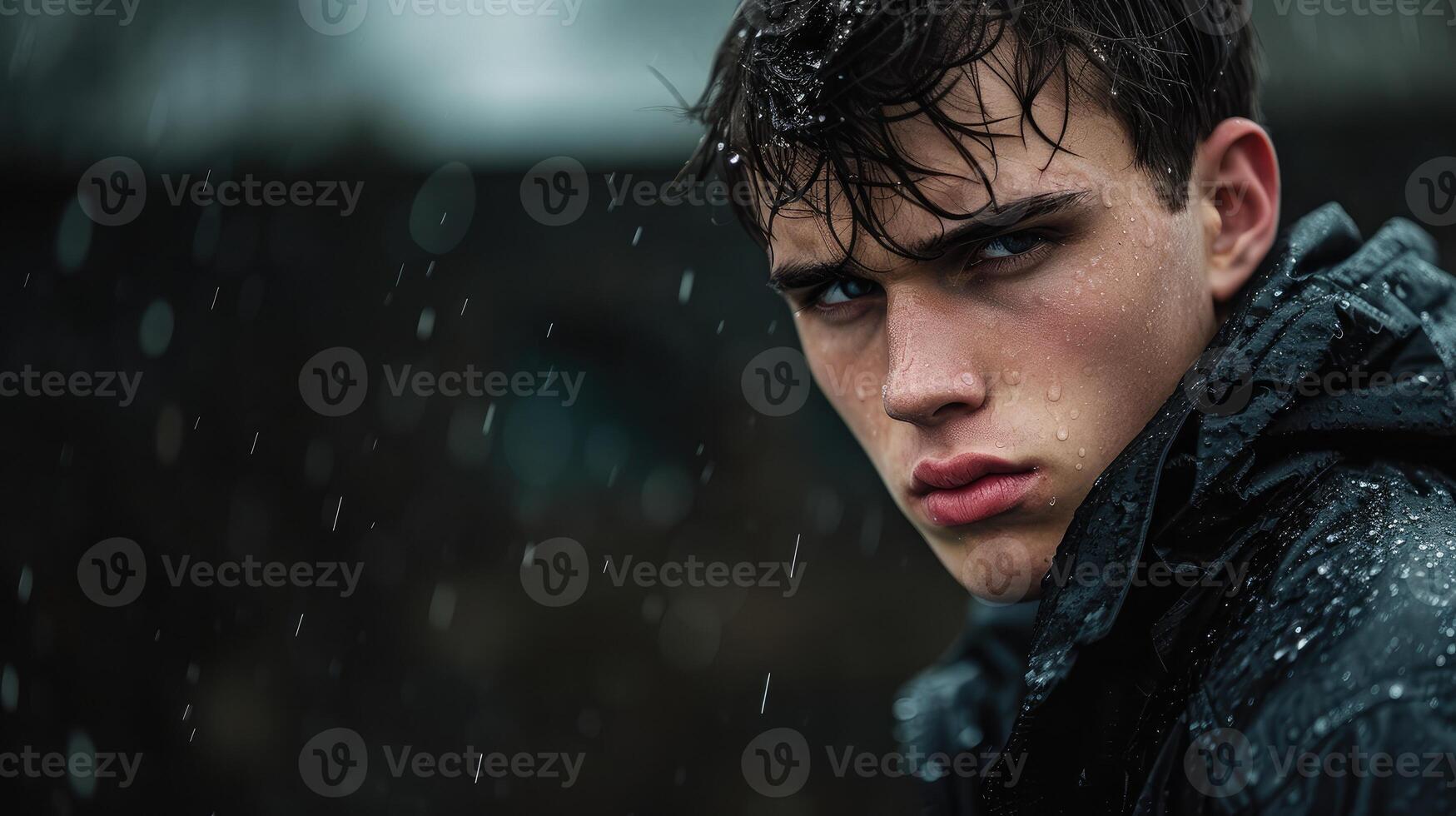 AI generated Portrait of young man in drenched jacket in heavy rain. photo