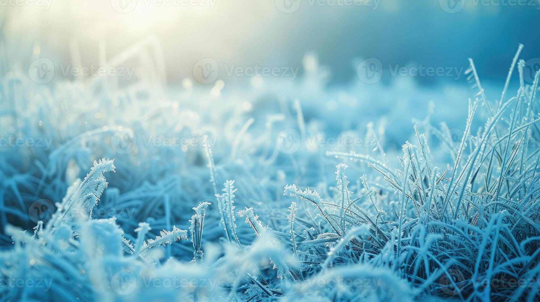 AI generated Frosty nature background. Winter landscape with frozen grass in blue toned. photo