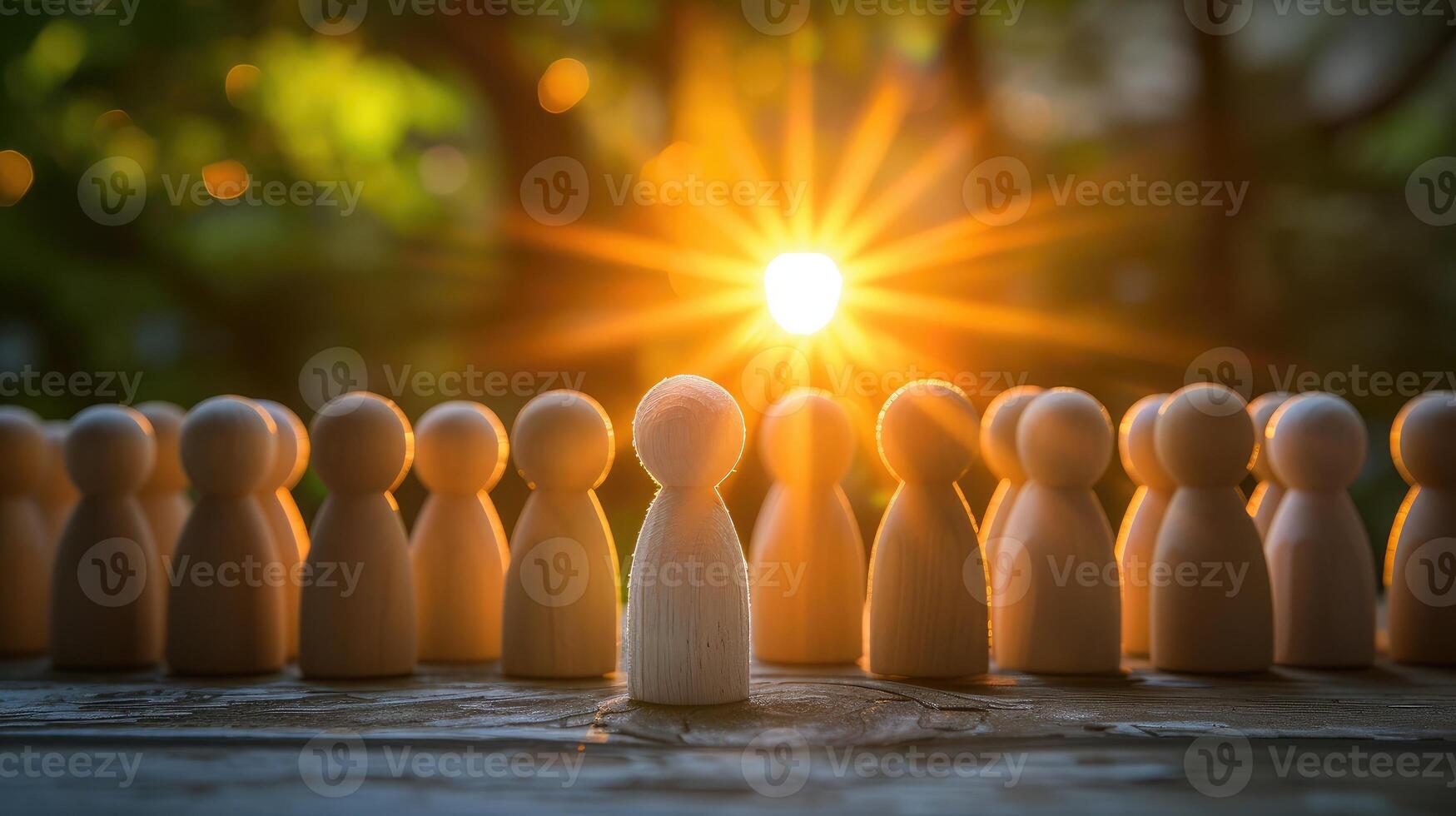 ai generado éxito en negocio o talento concepto. estar fuera desde el multitud. diferente y individual único persona. destacar brillante a el dorado. presentación por de madera clavija muñecas foto