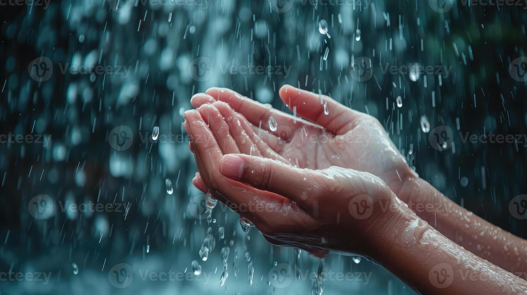 AI generated hands with splashes of falling rain photo