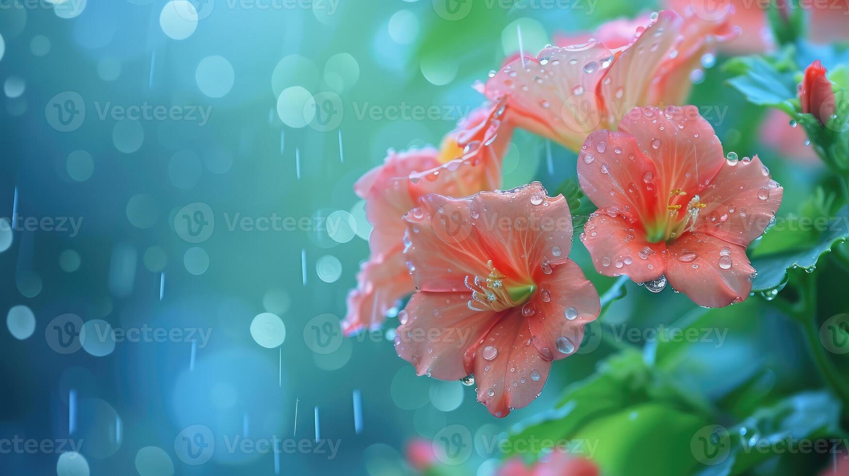 AI generated spring flowers rain drops, abstract blurred background flowers fresh rain photo
