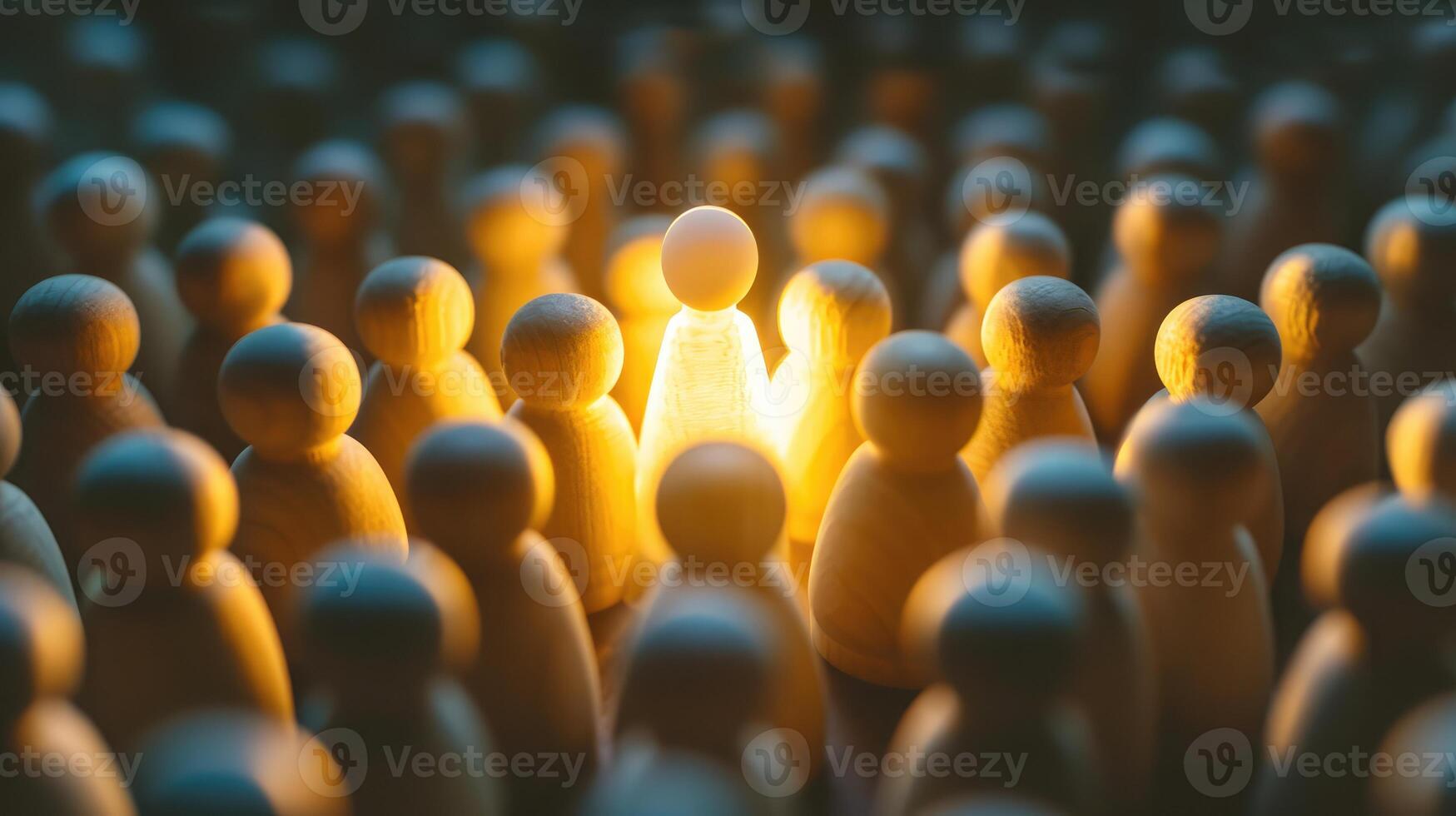 AI generated Success in Business or Talent Concept. Stand Out from the Crowd. Different and Individual Unique Person. Spotlight Shining to the Golden. presenting by wooden peg dolls photo