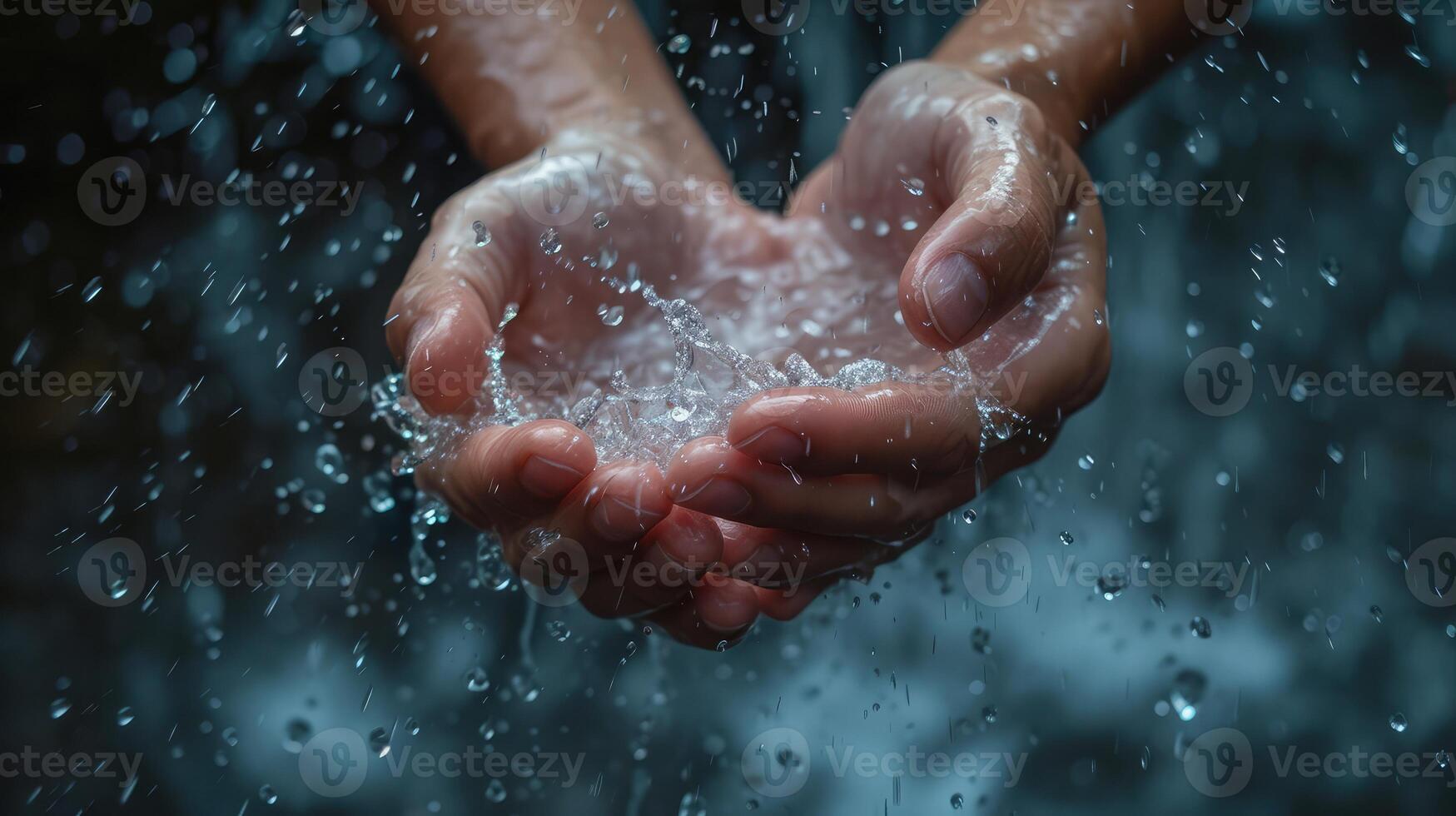 AI generated hands with splashes of falling rain photo