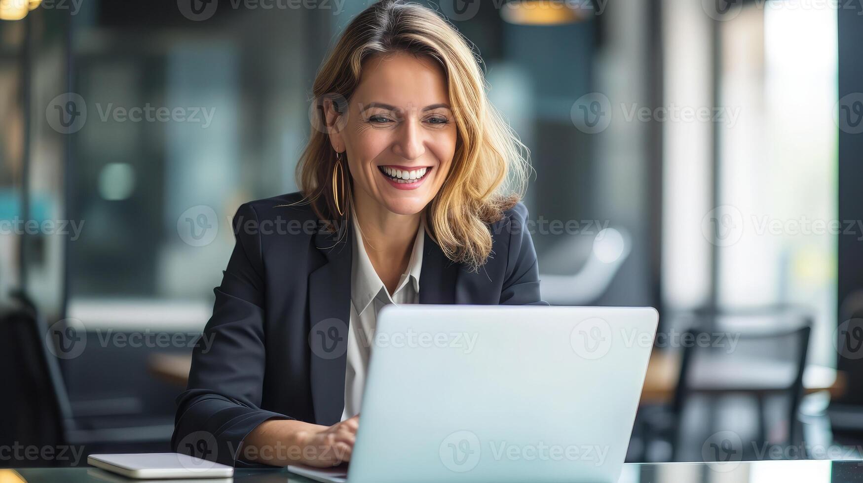 AI generated Smiling busy mature middle aged professional business woman manager executive wearing suit looking at laptop computer technology in office working on digital project sitting at desk photo