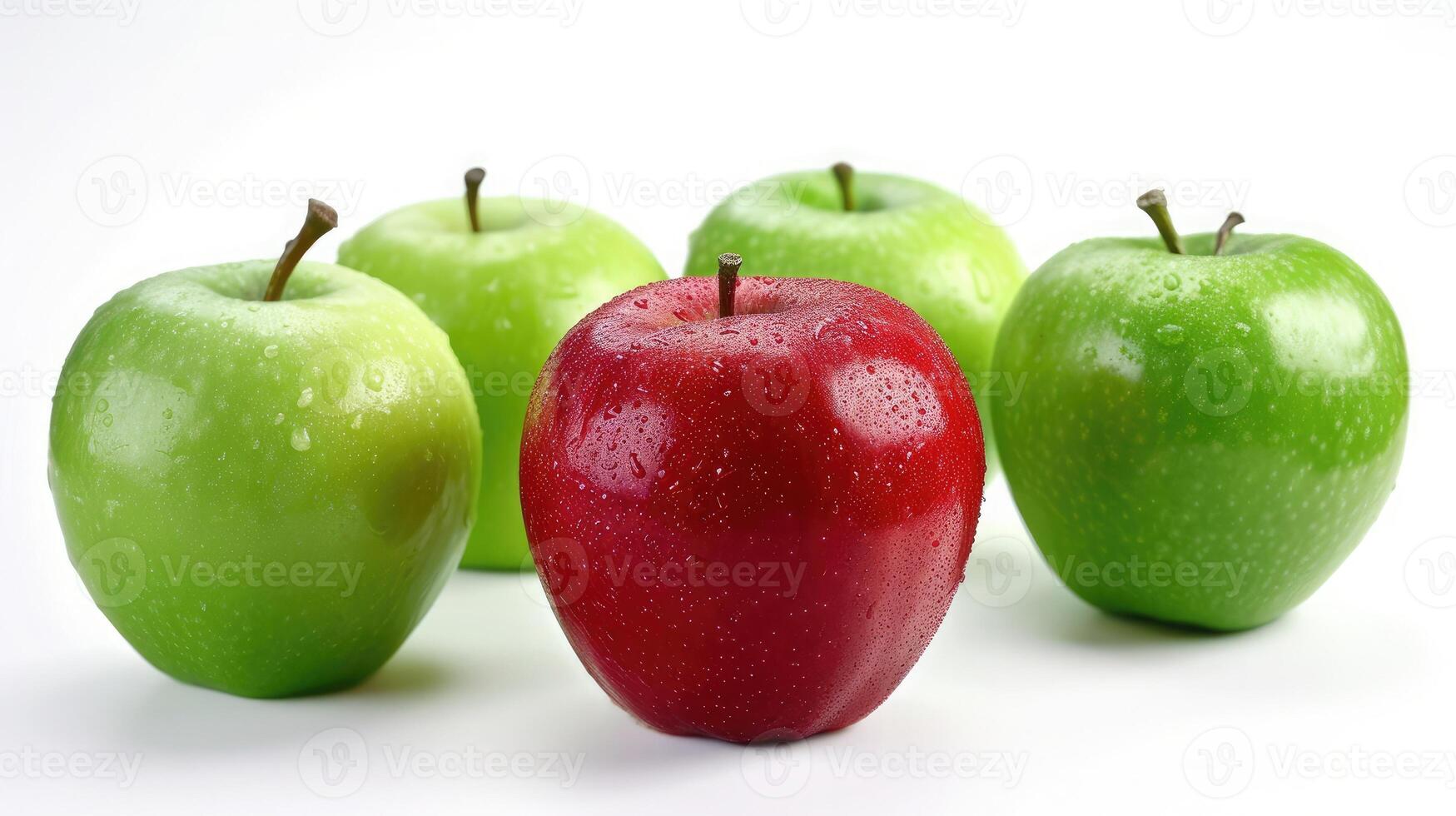 AI generated Red apple among green apples isolated on a white photo