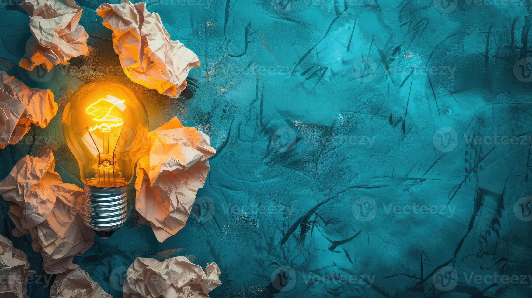 AI generated concept image of successful idea, crumpled paper and light bulb sketch, brainstorming and creative thinking. photo