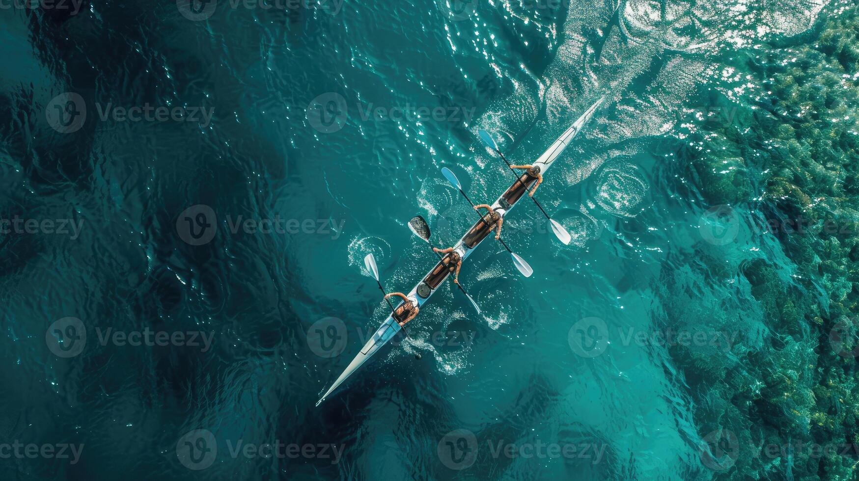 AI generated Aerial drone top ultra wide panoramic view of sport canoe rowing synchronous team of athletes competing in deep blue sea photo