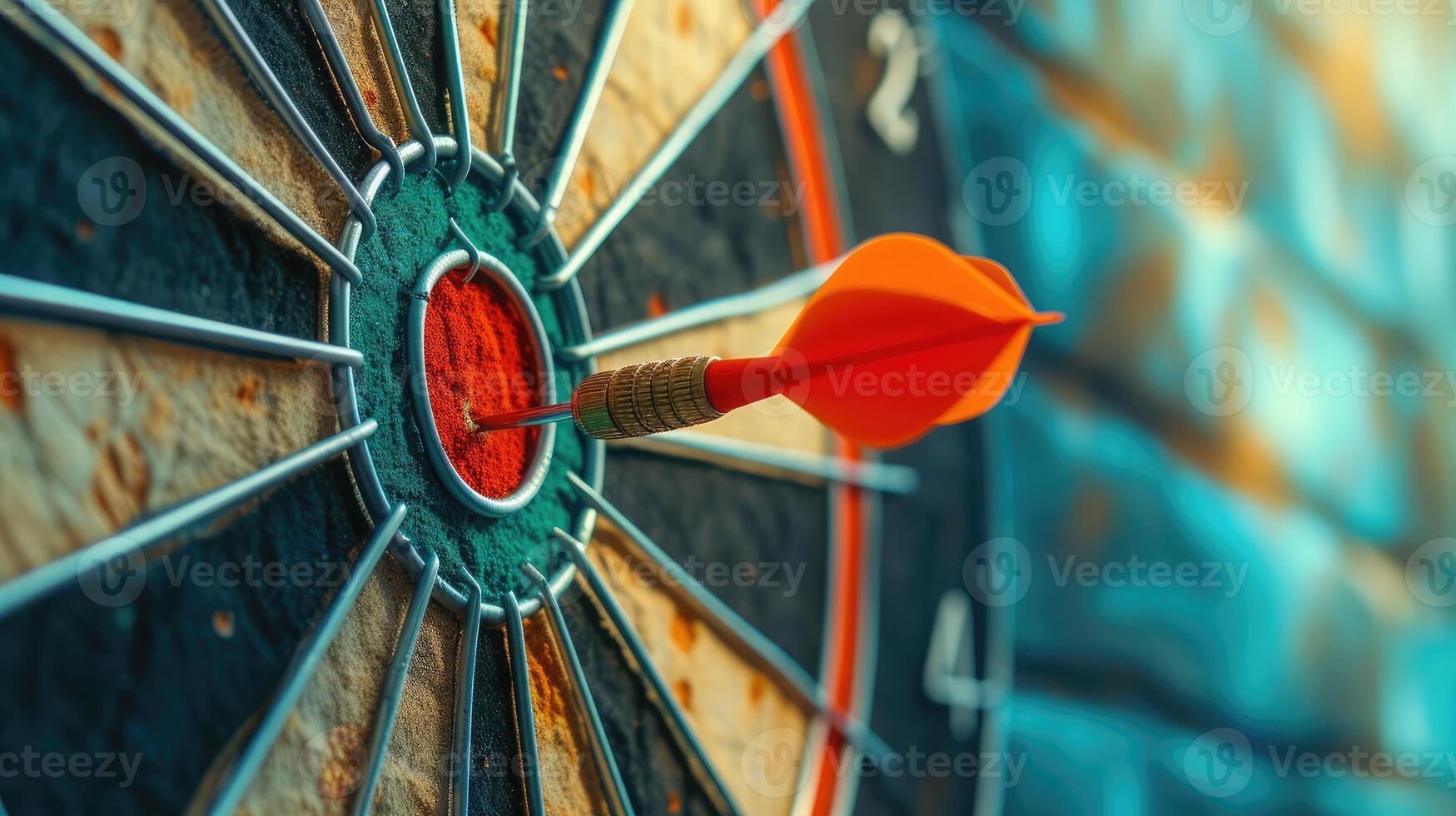 AI generated Red dart hit to center of dartboard. Arrow on bullseye in target. Business success, investment goal, opportunity challenge, aim strategy, achievement focus concept photo