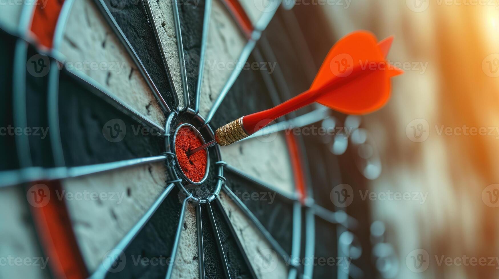 AI generated Red dart hit to center of dartboard. Arrow on bullseye in target. Business success, investment goal, opportunity challenge, aim strategy, achievement focus concept photo