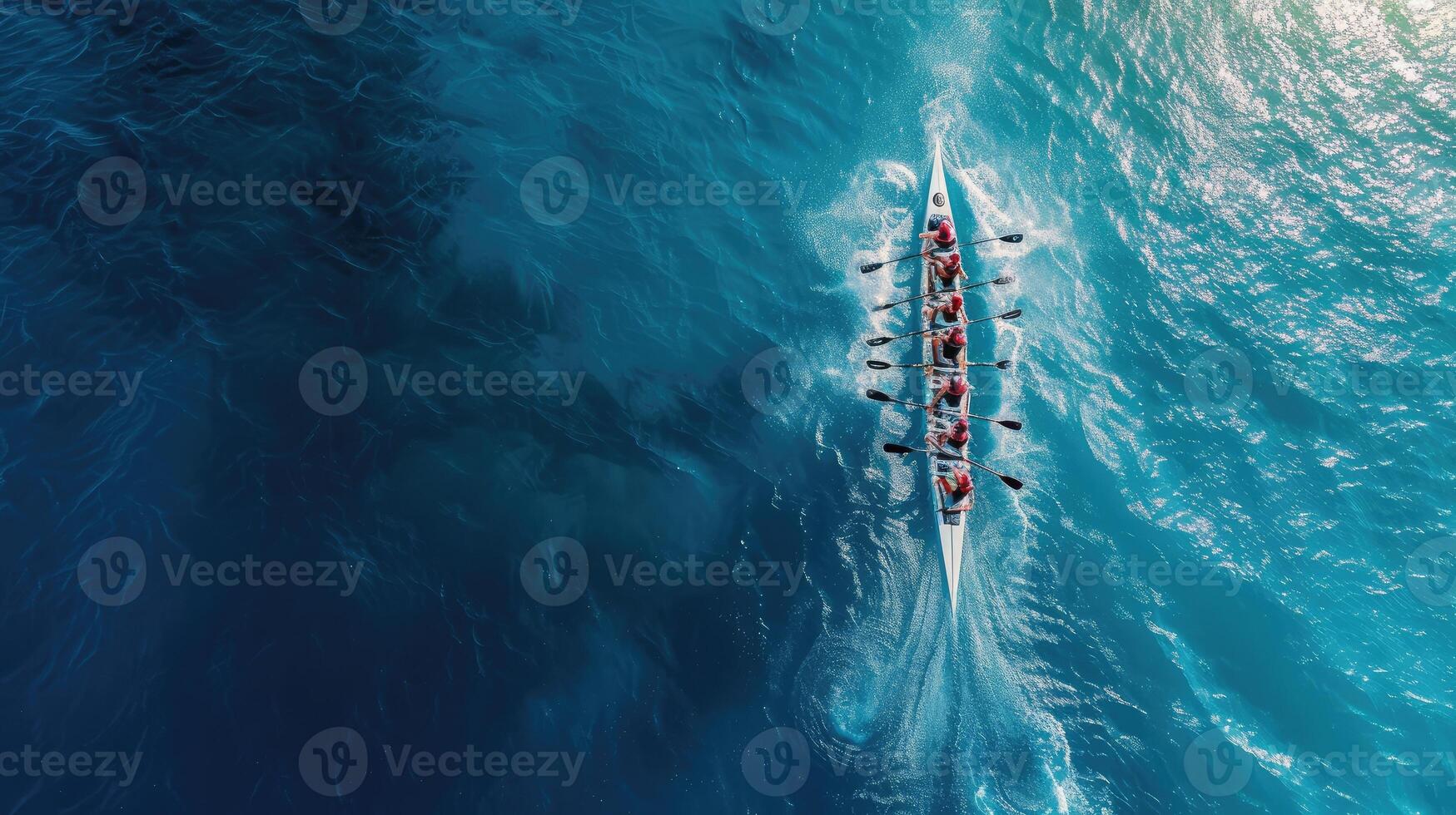 AI generated Aerial drone top ultra wide panoramic view of sport canoe rowing synchronous team of athletes competing in deep blue sea photo