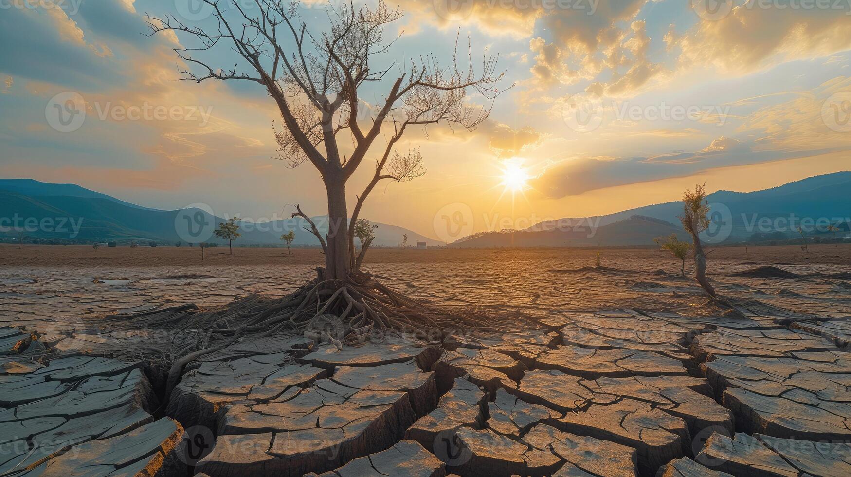 AI generated Dead trees on dry cracked earth metaphor Drought, Water crisis and World Climate change. photo