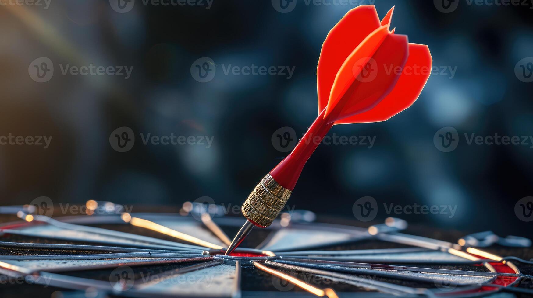 AI generated Red dart hit to center of dartboard. Arrow on bullseye in target. Business success, investment goal, opportunity challenge, aim strategy, achievement focus concept photo