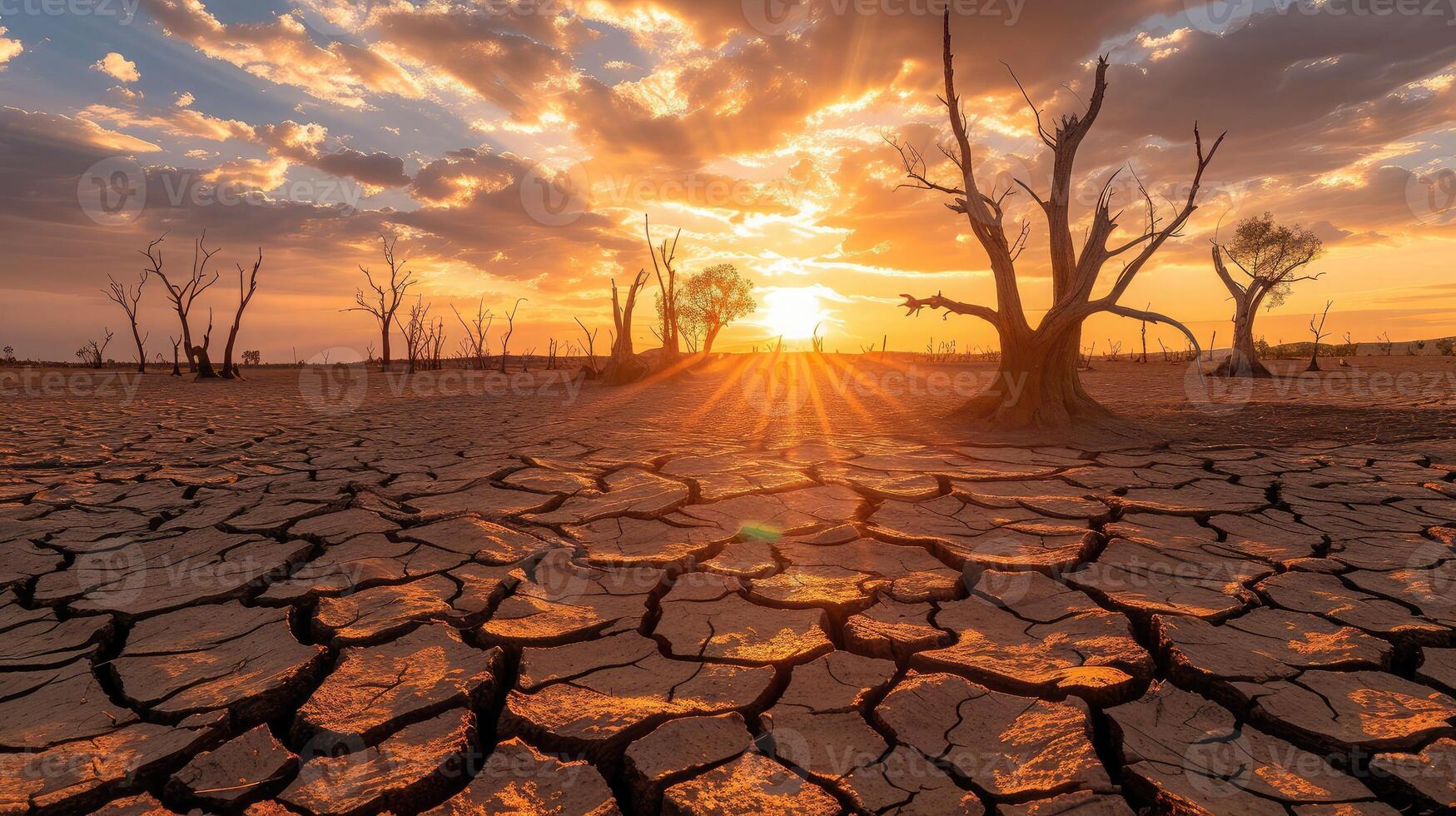 AI generated Dead trees on dry cracked earth metaphor Drought, Water crisis and World Climate change. photo